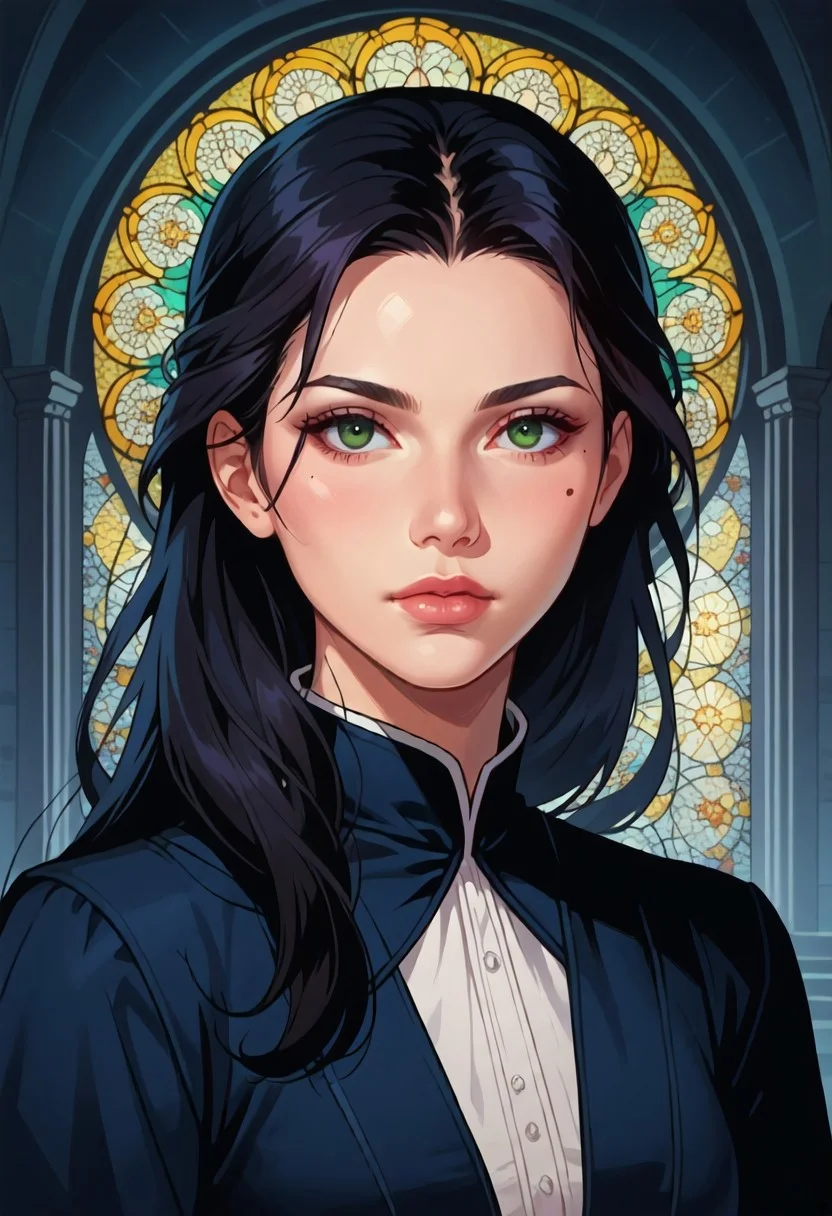 score_9, score_8_up, score_7_up, 8k, portrait, upper body, concept art twilight, vintage illustration,
1girl, solo, female, clothes, black hair:1.3, ombre hair, long hair, dark-green eyes, mole under eye, beautiful,
dynamic pose, ww1french, adrianhelmet, 1910s, in a cathedral, gothic stained glass windows, beautifully backlit, depth of field:1.5, indirect lighting:1.3, high contrast shadows, dramatic shadows across face:1.2, cinematic lighting on face,
