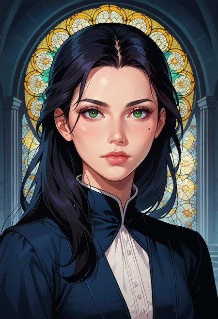 score_9, score_8_up, score_7_up, 8k, portrait, upper body, concept art twilight, vintage illustration,
1girl, solo, female, clothes, black hair:1.3, ombre hair, long hair, dark-green eyes, mole under eye, beautiful, 
dynamic pose, ww1french, adrianhelmet, 1910s, in a cathedral, gothic stained glass windows, beautifully backlit, depth of field:1.5, indirect lighting:1.3, high contrast shadows, dramatic shadows across face:1.2, cinematic lighting on face,