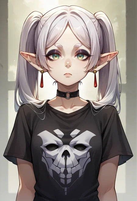 score_9, score_8_up, source_anime, 1girl, solo, Frieren, green eyes, white hair, long hair, twintails, thick eyebrows, earrings, black shirt, t-shirt, black choker, goth, eyeliner, eyeshadow, <lora:ChamFrierenPonyXLCame-000008:1>