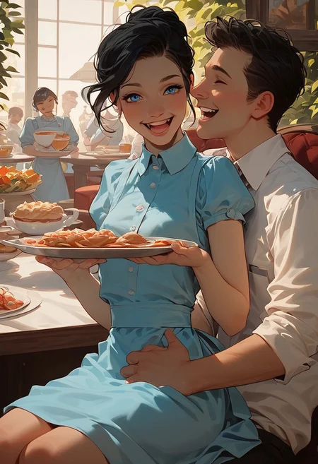 score_9,score_8_up,score_8,score_9,(((pastel colors, high contrast,expressiveh))), front view, (1waitress, 30 yo, laughing, slim, skinny, tiny breasts, small ass, petite), face focus, (blue eyes, black hair, straight hair, short blue dress), carrying tray, serving food, sitting in man's lap epiCPhoto,
french cafe, people, tables, laughing men, waiters