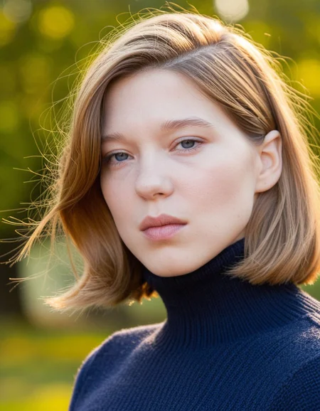 score_9, score_8_up, score_7_up, lea seydoux, wearing a turtleneck sweater, navy  blue, upper body shot, in a park, Bokeh, Golden Hour, raw <lora:dmd2_sdxl_4step_lora_fp16:1> <lora:leaseydoux-bl16:1>