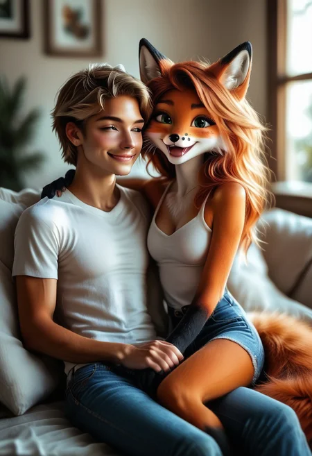 score_9, score_8_up, score_7_up, highres, couple, hetero, (1girl, 1man), furry fox girl laughing with handsome human male, furry with non-furry, (realistic:1.4), ultra high quality, masterpiece, perfection, expressive, couple, 1furry girl, 1 human male,
BREAK
(cute anthro fox), detailed fur, soft and realistic textures, (orange and white fur:1.2), fluffy tail, expressive face, bright eyes, playful smile, small sharp thin fangs visible, whiskers, youthful appearance,
BREAK
human, male adult, handsome, arm behind her neck, casual outfit, jeans, t-shirt, friendly demeanor, natural facial expression,
BREAK,
indoor, cozy living room, warm and relaxed atmosphere, soft ambient lighting, plush sofa, cushions, coffee table, subtle decorative elements,
BREAK,
pose focus, fox girl sitting next to the human, both laughing together, fox girl holding her belly while giggling, human leaning back slightly with a wide smile, natural and carefree interaction, joyful body language,
BREAK,
high detail, realistic shading, fur detailing, natural lighting, depth of field, cinematic quality, heartwarming and playful mood, charming expressions, soft textures