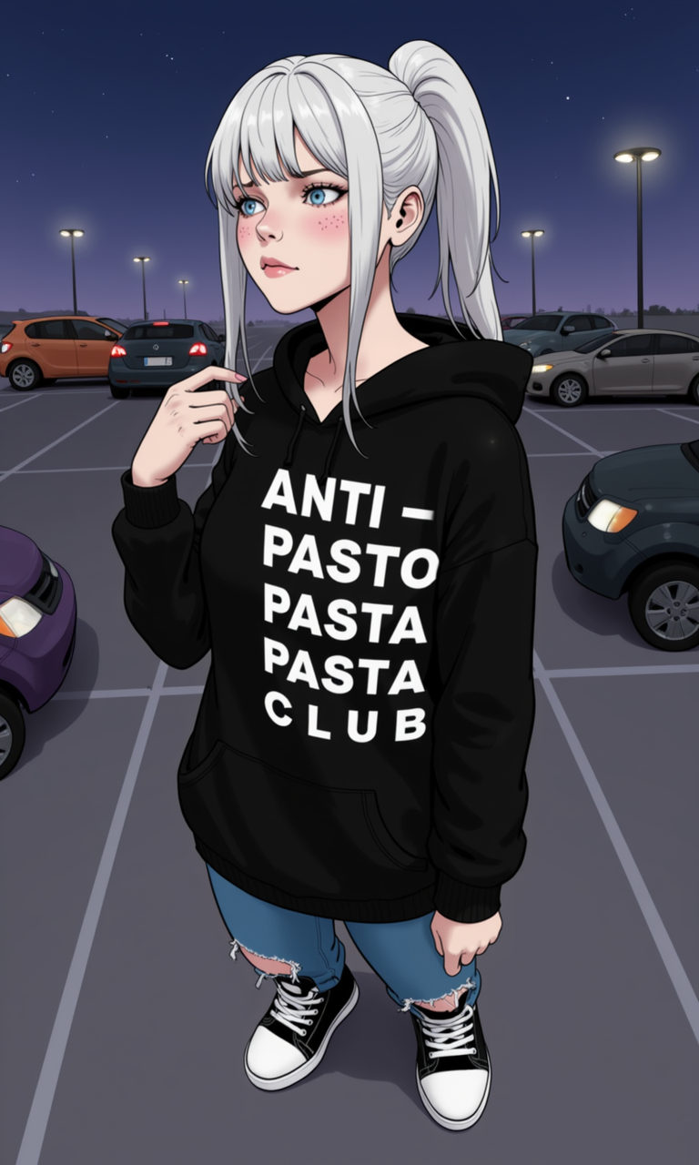 schmedefus3 art of early 20's female, wearing a black hoodie with white text "ANTI-" "PASTO" "PASTA" "CLUB" four lines of evenly spaced text,  ponytail with long bangs, freckles,  bored,  wearing baggy hoody, skinny ripped  jeans, high top sneakers, on hand playing with her hair, looking up to the side, pretty face, long bangs, platinum white hair, outdoors parking lot at night background,<lora:schmedefus3_flux.safetensors:1.0:1.0>