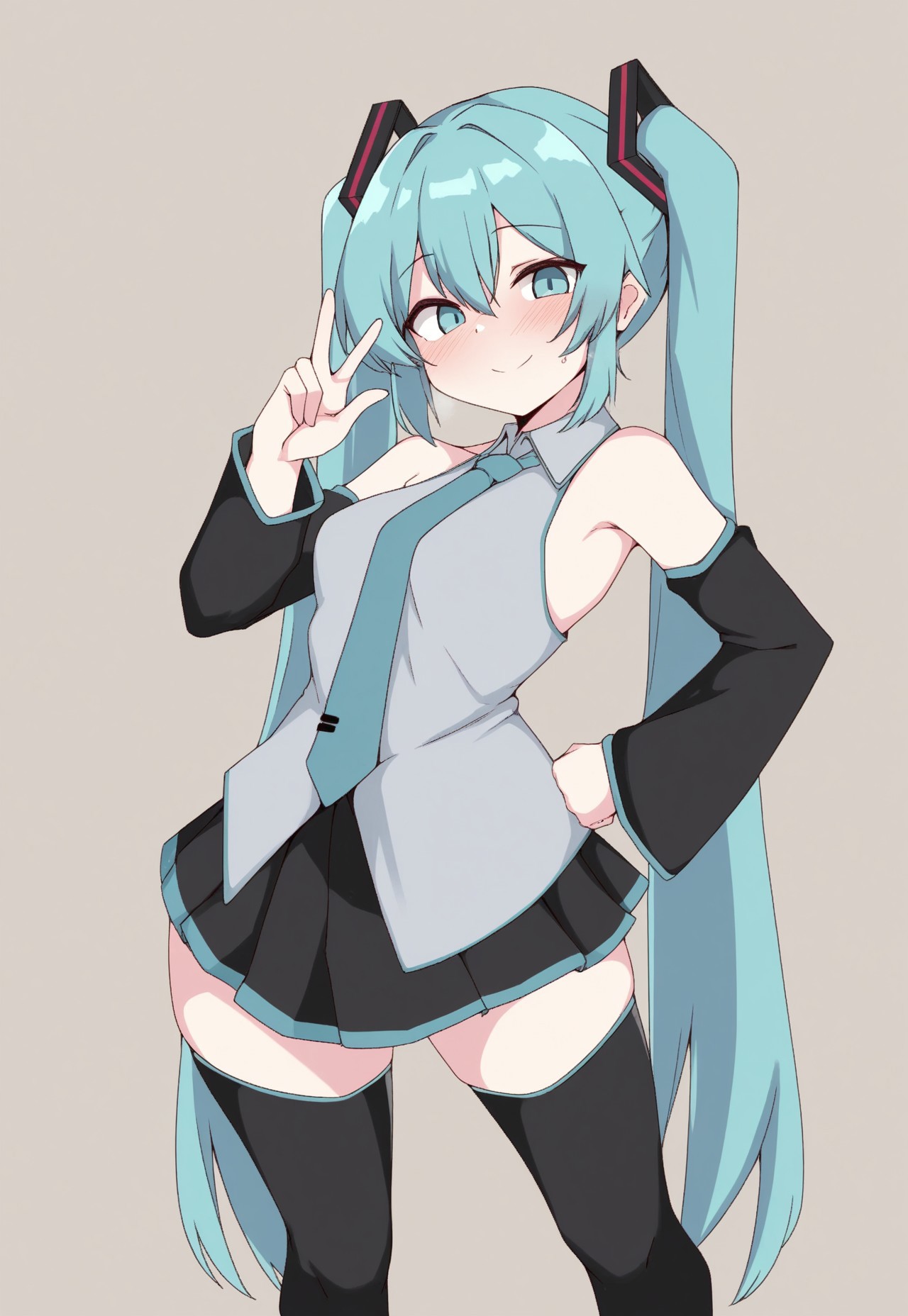 masterpiece, kumasteam, 1girl, hatsune miku, smile, v, looking at viewer, hand on hip,  blush, standing, black thighhighs, detached sleeves, tie, 