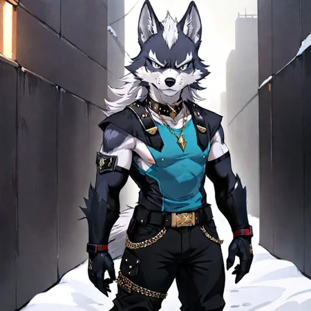 solo, male, anthropomorphic, furry, wolf, wolf o' donnel, two toned fur, saturated saturated fur, mohawk hair style, short hair, spikey hair, layered hair, white hair, head visor, head gear, blue lens, blue glass, thick eyebrows, white eyebrows, small pupils, red eyes, serious looking expression, wolf face, tall pointed wolf ears, small beard, wolf cheek fur, layered face fur, black chocker, black dog collar, collar with spikes, white chest fur, white chest hair, black tank top, sleeveless shirt, tight shirt, muscular, toned abs, necklace, gold necklace, silver necklace chain, dark grey shoulder armor pads, shoulder armor with spikes, metal spikes, armpit hair, dark aqua blue coat, military coat, black sleeve gloves, black and white sleeve strap, black gloves, wolf claws, sharp claws, dark brown belt, dark gold belt buckle, golden wolf face belt buckle, military pants, tight pants, dark purple gun holster, holster straps, two toned tail, thick metal boots, reflective metal boots, red and magenta color boots, long fluffy wolf tail, wolf tail with split end, metal knee pads, military knee pads, knee pads with a metal spike, metal chain, metal chain connected to pants, pocket chain