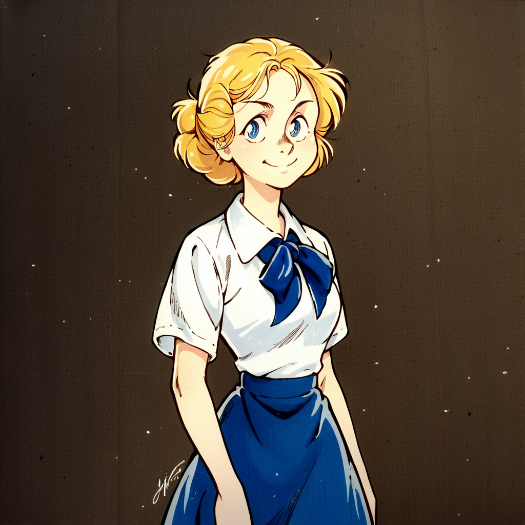 score_9, score_8_up, score_7_up, score_6_up, score_5_up, score_4_up, source_anime, <lora:Alice_Mitchell_-_Dennis_the_Menace_v1.2:0.7> alice mitchell, white blouse with a blue ribbon, blue skirt, cowboy shot, traditional media, smile <lora:Ippongi_Ban_Artist_Style_PonyXL:1>