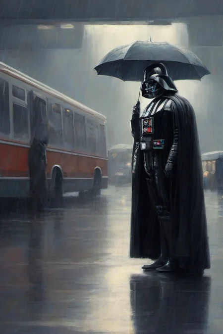 Masterpice,High Quality,
 <lora:PE_DarthVader:0.8> PEDarthVader
waiting for a bus,rain,bus station