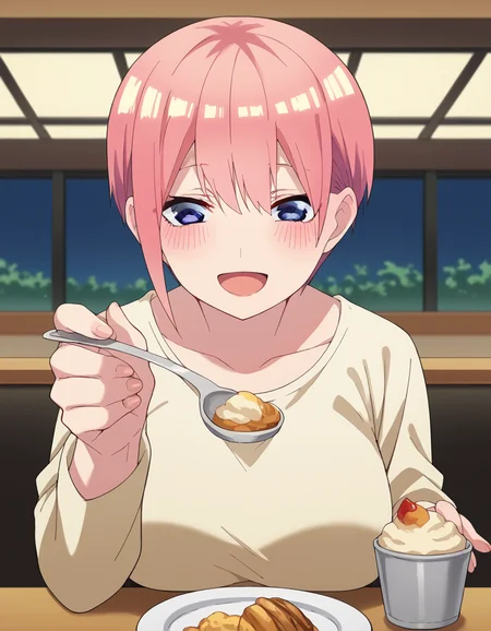 score_9, score_8_up, score_7_up, source_anime, <lora:ichika-nakano-s2-ponyxl-lora-nochekaiser:1>, ichika nakano, short hair, bangs, blue eyes, hair between eyes, pink hair, pixie cut, mature female, large breasts, <lora:incoming-spoon-ponyxl-lora-nochekaiser:1> incoming food, spoon, holding, holding spoon, food, looking at viewer, open mouth, blush, smile, restaurant, plate, hand up,, ,