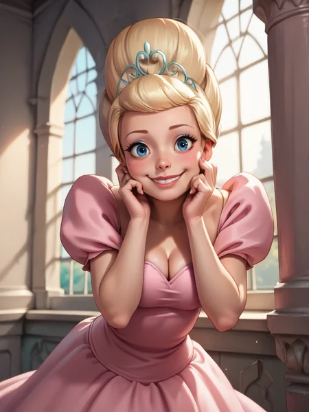 score_9, score_8_up, score_7_up, 1girl, castle, furniture, detailed background, smile, looking at viewer, light smile, cowboy shot, (dynamic pose:1.1), dynamic angle, hand on own cheek, very cute, leaning forward, blush,
 <lora:CharlotteLaBouff_Character-10:0.85>, CharlotteXLP, blonde hair, makeup, blue eyes, pink dress, puffy sleeves, puffy skirt, cleavage, tiara, hair bun, cartoon,  <lora:Realistic_2.5DAnime_Merge1:0.6> realism,