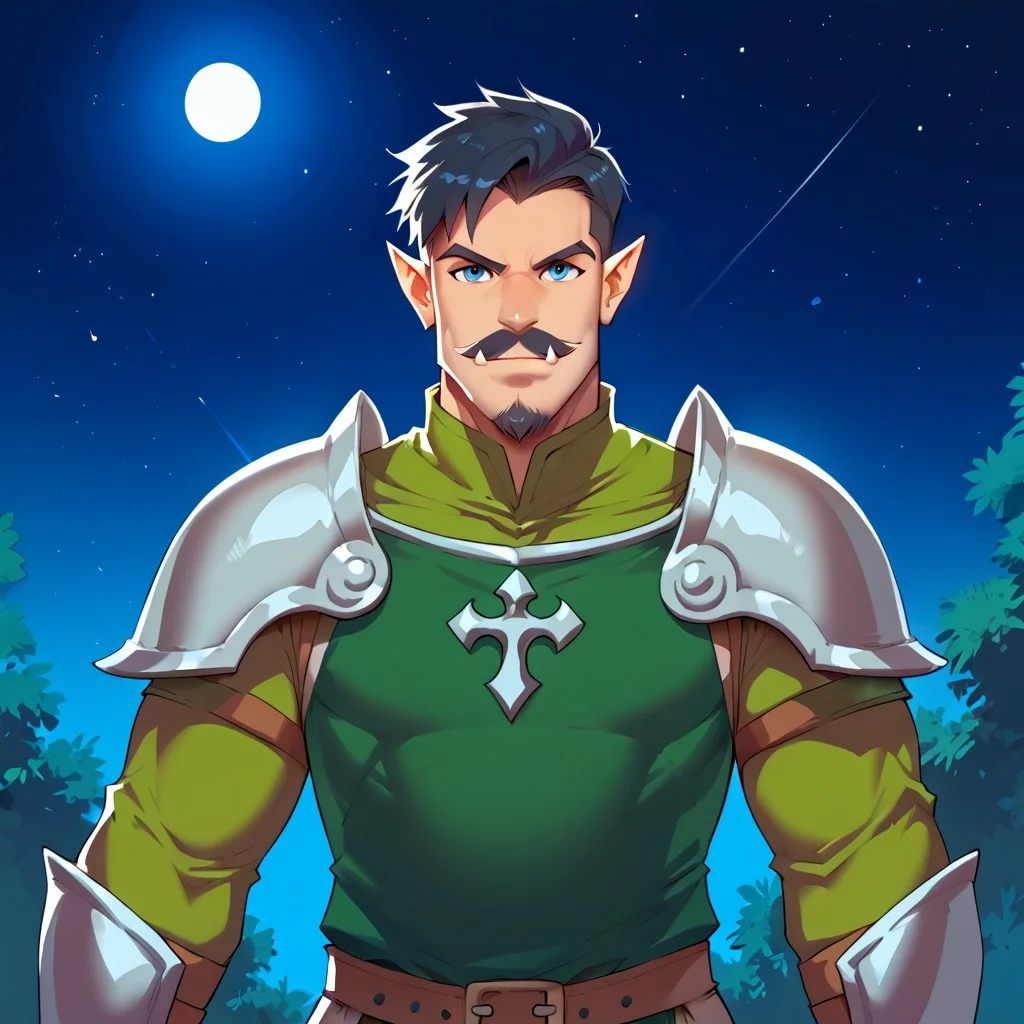 freerrystyle,
score_9, score_8_up, score_7_up, rating_safe, 1boy, solo, male focus, mature male, orc, green skin, tusks, blue eyes, short hair, black hair, facial hair, beard, mustache, looking at viewer, armor, shoulder armor, breastplate, pauldrons, upper body, closed mouth, standing, outdoors, night, night sky, dark background