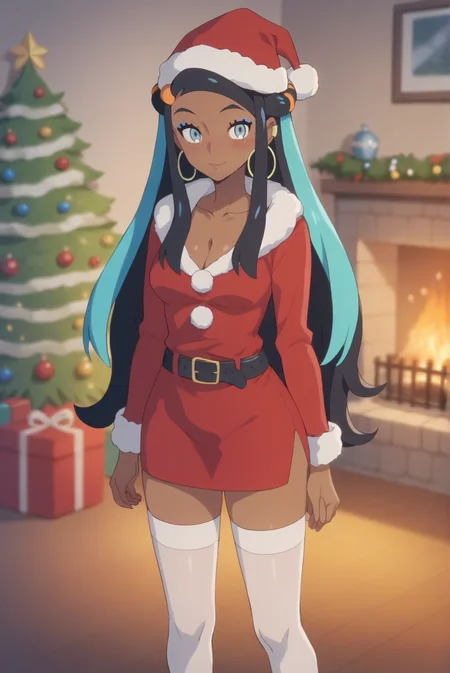 score_9, score_8_up, score_7_up, score_6_up, score_5_up, score_4_up, BREAK source_anime, 1girl, solo,
<lora:PokemonNessaXL-v1-06:0.7>, ChopioNessa, black hair, aqua hair, multicolored hair, two-tone hair, long hair, single hair bun, white hair ornament, sidelocks, orange hair beads, blue eyes, eyelashes, makeup, blue eyeshadow, hoop earrings, earclip,
dark-skinned female, mature female, [small breasts : medium breasts: 10],
indoor, living room, standing, Christmas tree, fireplace, warm glow, cleavage,
blush, looking at viewer, seductive smile, santa outfit, santa hat, belt, short skirt, white thighhighs, thighhighs, red skirt, fur trim, cleavage,