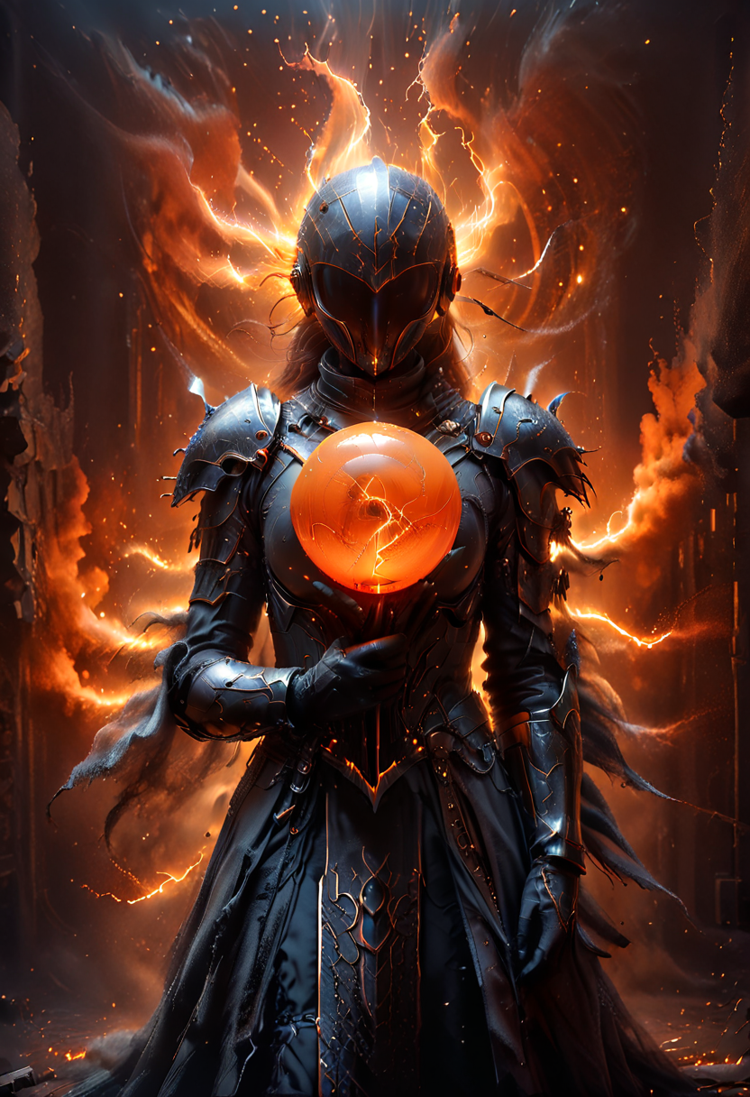 amazing quality, masterpiece, best quality, hyper detailed, ultra detailed, UHD, perfect anatomy, portrait, dof, majestic, awesome, inspiring, dark medieval Science fiction Style - Capture the essence of nostalgia and futuristic fusion in this vibrant snapshot: A bold Cyborg knight elegantly detailed black steel armor, his metallic face, neck, and exposed skin areas adorned with weathered black tones, a testament to time, battle and sunlight. With arms raised in greeting, she embodies a blend of retro charm and cybernetic allure.. cinematic composition, soft shadows, national geographic style, bw-grignani, emphasis lines, horizontal perfect bold lines, perfect align lines, Capture the enigma: a Knight resembling the Mountain from Game of Thrones sits regally on a lavish throne, his arms casually draped over its ornate arms. Adorned in a iron plaster skull Mask and a royal-red high collar scarf, paired with fur and leather gloves, she exudes a captivating contrast. (her ensemble is completed holding mastercrafted hilt with elegant inlays blue jewel of magical origins adorns the end of the hilt glowing softly greatsword steel blade imbued with blue electricity flowing around blade and a Large voluminous trailing black tulle train). (Amidst the opulent surroundings of a kentaro miura inspired room in front of a huge Blue happy geometrical Pop-Art painting, she embodies a fusion of mystery and elegance.. with endless lines guiding the eye). (orange electrical ball of energy in hand:2), 
concept art, <lora:EnvyActionShotXL01:0.45> ,action shot, <lora:xl_more_art-full_v1:0.45> <lora:extremely_detailed:0.45> ,extremely detailed, <lora:lith_orwo_dokumentenpapier_D_hipster:0.2>,
 <lora:SexyConiAI:0.3> ,<lora:Katie:0.3> ,,  <lora:great_lighting:3>,  <lora:zavy-cntrst-sdxl:1.3> , <lora:aesthetic:3> ,<lora:sss:0.7>,  <lora:portrait_futurism_sdxl:0.8> portrait_futurism, <lora:Dark_Particles_Style_SDXL:0.8> ,ais-darkpartz,