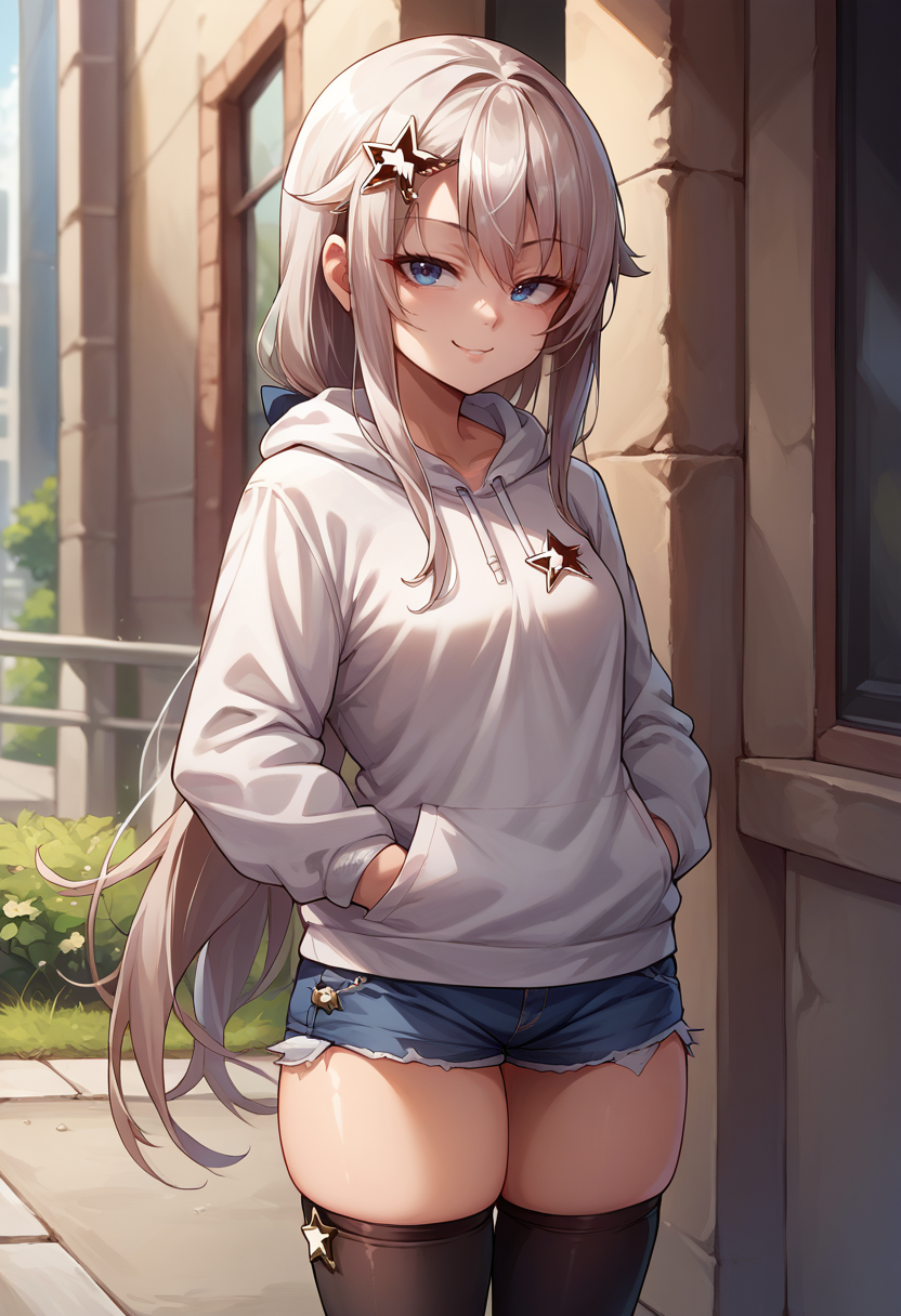 score_9, score_8_up, source_anime, 1girl, solo, 9A91, long hair, star hair ornament, white hoodie, denim shorts, black thighhighs, skindentation, hands in pockets, outdoors, smile, smug, <lora:Cham9A91PonyXL:1>