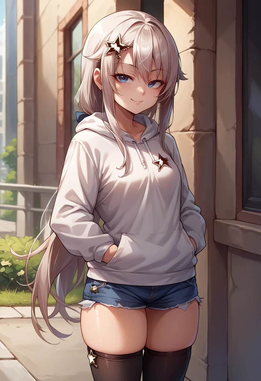 score_9, score_8_up, source_anime, 1girl, solo, 9A91, long hair, star hair ornament, white hoodie, denim shorts, black thighhighs, skindentation, hands in pockets, outdoors, smile, smug, <lora:Cham9A91PonyXL:1>