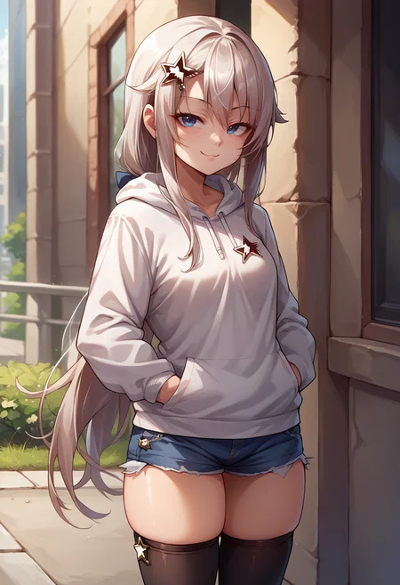 score_9, score_8_up, source_anime, 1girl, solo, 9A91, long hair, star hair ornament, white hoodie, denim shorts, black thighhighs, skindentation, hands in pockets, outdoors, smile, smug, <lora:Cham9A91PonyXL:1>