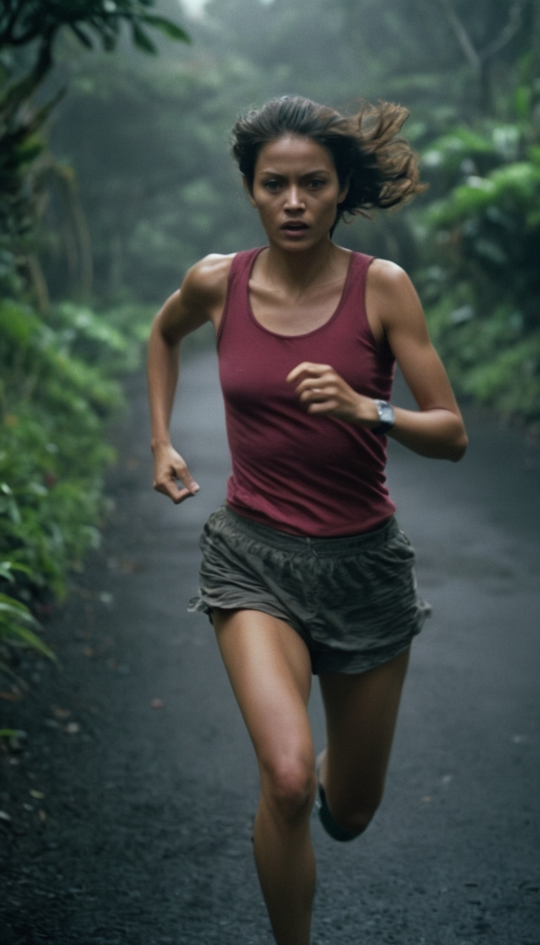 photograph, Depth of field 270mm, dynamic, Cold Lighting, Kinemacolor, Selective focus, Electic Colors, Gloomy (Female [Vulcan|HAL 9000]:1.1) Running in a Costa Rica, hard light, Phase One XF IQ4 150MP, moody lighting, Fomapan 400, Rembrandt lighting