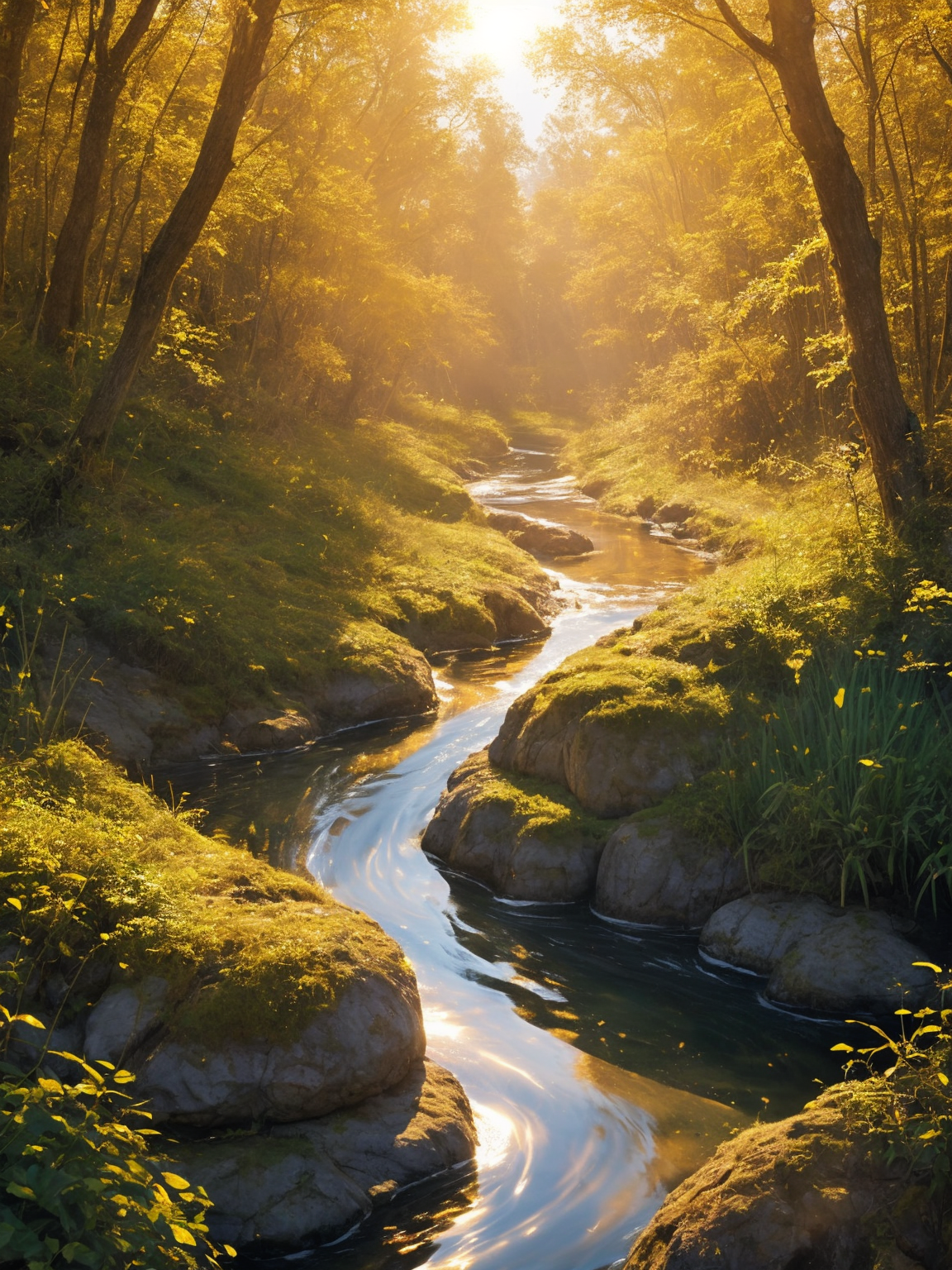 A river that flows with water that shines like liquid gold, winding through the landscape and casting a warm, magical glow.