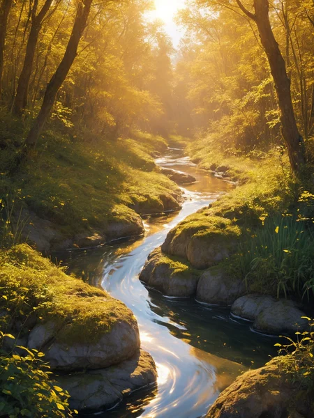 A river that flows with water that shines like liquid gold, winding through the landscape and casting a warm, magical glow.