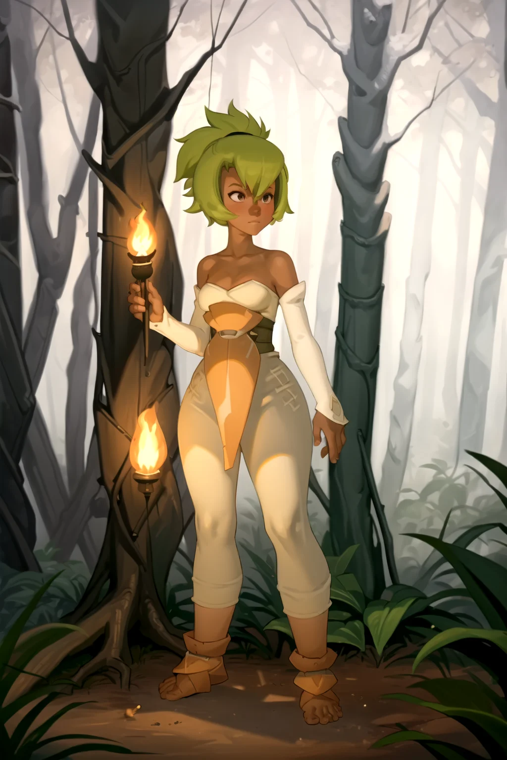 masterpiece, best quality, 1girl, amaliaold, bare shoulders, dark-skinned female, dark skin, detached sleeves, full body, green hair, short hair, solo, standing, strapless, forest background, night, candle light, torch light <lora:Kairunoburogu-sfw-nsfw-epoch-000006:0.8> <lora:Amaliav1:1> <lora:epiNoiseoffset_v2:1>