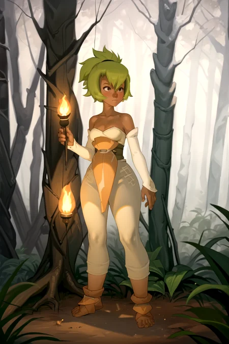 masterpiece, best quality, 1girl, amaliaold, bare shoulders, dark-skinned female, dark skin, detached sleeves, full body, green hair, short hair, solo, standing, strapless, forest background, night, candle light, torch light <lora:Kairunoburogu-sfw-nsfw-epoch-000006:0.8>  <lora:Amaliav1:1>  <lora:epiNoiseoffset_v2:1>
