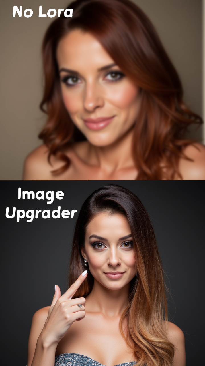 A meme where the top image shows super blurry image with bad quality showing ugly woman labeled on top with big text:"no Lora" and the second image shows a perfect photo of a beautiful woman pointing to the text labeled on top of the second image:"Image Upgrader"