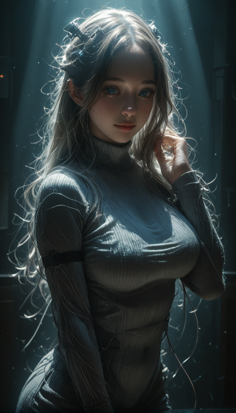 <lora:LCMTurboMix_Euler_A_fix:1> <lora:example_SDXL:0.3>, EZRealPONYXL, <lora:Dramatic Lighting Slider:3> <lora:realistic filter [IL]:1>
DSLR,realistic,cosplay photo, (very awa,masterpiece,best quality,year 2024,newest,absurdres,highres:1), realistic,skin texture,facial features, photography shot with Canon EOS 5D Mark IV , realistic, RAW, best quality, masterpiece, amazing quality, skin details,
1girl, highly detailed beautiful face, large natural breasts,
detailed background, shiny skin, dutch angle, night, moonlight,
beautiful detailed eyes, intricate details, absurdres, anime screencap,
artist: onono imoko, artist: taesi,
 <lora:Trippy_Morph_Wires__Neon_by_Earth__Dusk:1>
end_tripwire_morph, (made of wires : 1.5), solo, cyberpunk, looking at viewer, 1girl, blue eyes, cable, cyborg, wire, mask, hand up, neon, wires, made of wires, cables, outlined with wires and neon, neon outlines, wire sculpture, neon wire sculpture, , PonyXLV6_Scores, 
masterpiece, best quality, anime, 2d, 1girl, red eye, made of wires, (grey wire hair : 1.5), very long wire hair, wire hair intakes, animal ears, wire hair ornaments,Turtle Neck sweater, black wire arm strap, white wire wrist cuff, 
indoors, casino, seductive smile, cowboy shot,