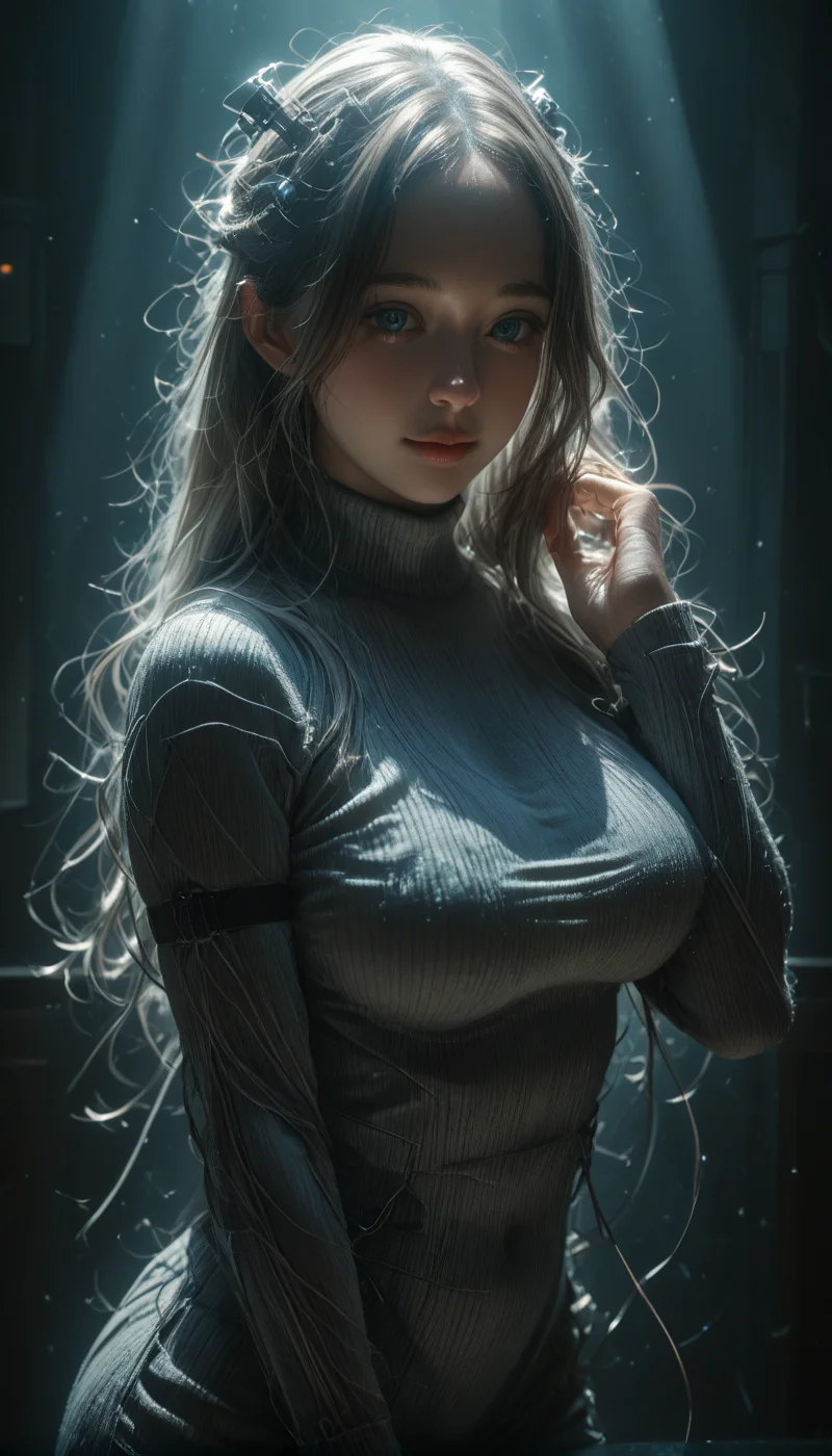 <lora:LCMTurboMix_Euler_A_fix:1> <lora:example_SDXL:0.3>, EZRealPONYXL, <lora:Dramatic Lighting Slider:3> <lora:realistic filter [IL]:1>
DSLR,realistic,cosplay photo, (very awa,masterpiece,best quality,year 2024,newest,absurdres,highres:1), realistic,skin texture,facial features, photography shot with Canon EOS 5D Mark IV , realistic, RAW, best quality, masterpiece, amazing quality, skin details,
1girl, highly detailed beautiful face, large natural breasts,
detailed background, shiny skin, dutch angle, night, moonlight,
beautiful detailed eyes, intricate details, absurdres, anime screencap,
artist: onono imoko, artist: taesi,
 <lora:Trippy_Morph_Wires__Neon_by_Earth__Dusk:1>
end_tripwire_morph, (made of wires : 1.5), solo, cyberpunk, looking at viewer, 1girl, blue eyes, cable, cyborg, wire, mask, hand up, neon, wires, made of wires, cables, outlined with wires and neon, neon outlines, wire sculpture, neon wire sculpture, , PonyXLV6_Scores, 
masterpiece, best quality, anime, 2d, 1girl, red eye, made of wires, (grey wire hair : 1.5), very long wire hair, wire hair intakes, animal ears, wire hair ornaments,Turtle Neck sweater, black wire arm strap, white wire wrist cuff, 
indoors, casino, seductive smile, cowboy shot,
