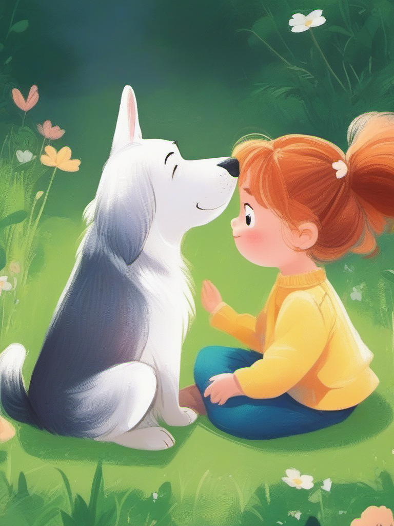 A little girl is sitting on the grass and petting a dog., <lora:kids:1> illuillustration,