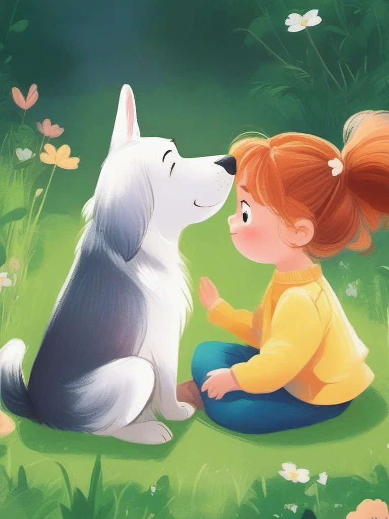 A little girl is sitting on the grass and petting a dog., <lora:kids:1> illuillustration,