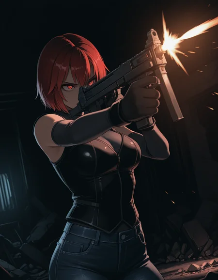 <lora:regina-dino-crisis-illustrious-000008:1> solo, regina, black jacket, jeans, detached sleeves,
submachine gun, firing, m uzzle flash, dark, indoors, rubble, cinematic lighting, upper body, dramatic, masterpiece,best quality,amazing quality