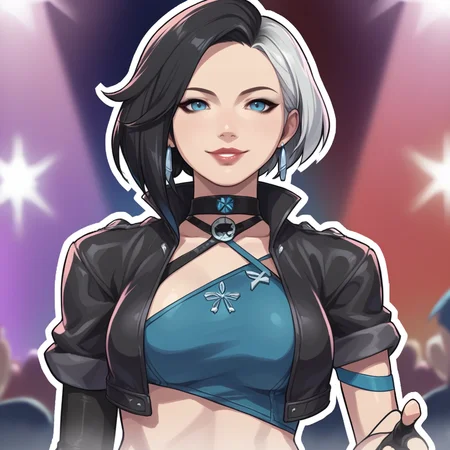 score_9, score_8_up, score_7_up, score_6_up, score_5_up, score_4_up, zPDXL2,source_anime,rating_questionable,1girl, solo, stage, concert, k-pop, <lora:Luna_Snow_-_Marvel:0.8> LunaSnow, short hair, smile, multicolored hair, lipstick, single fingerless glove, makeup, outline, upper body, midriff, white hair, choker, black gloves, blue eyes, grey hair, open clothes, looking at viewer, cropped jacket, open jacket, black hair, lips, fingerless gloves, earrings, blurry background, two-tone hair, black jacket, medium breasts, split-color hair, jewelry