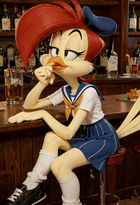 score_9, score_8_up, score_7_up, furry female, toony, 1girl, solo, hat, blue skirt, furry female, sailor bird, bird girl, red hair, yellow body, sailor uniform, beak, tail, knee socks, black shoes, sitting, bored, bar