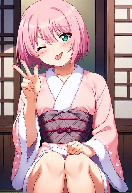 score_9, score_8_up, score_7_up, masterpiece, source_anime 1girl, ct_m0m0, aqua eyes, pink hair, short hair, fur-trimmed kimono, light pink short kimono, bare legs, obi,  looking at viewer, indoors, wooden wall, hand up, blush,  v over eye, one eye closed, tongue, upper body, smug, <lora:SaotomeMomo_Pony_ct_ver2:1>