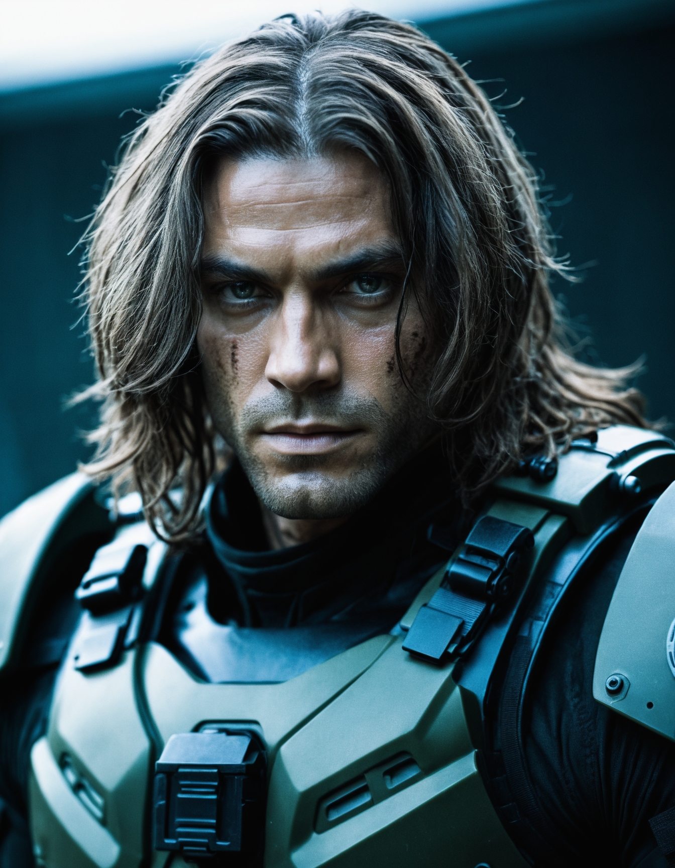 sci-fi, closeup portrait photo of man in combat clothes, face, long hair, slim body, high quality, film grain