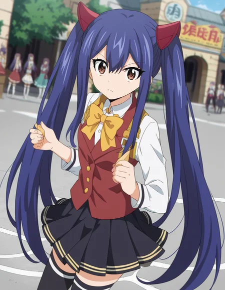 score_9, score_8_up, score_7_up, source_anime, <lora:wendy-marvell-100yq-ponyxl-lora-nochekaiser:1>, wendy marvell, long hair, hair ornament, ribbon, hair between eyes, twintails, brown eyes, very long hair, blue hair,, skirt, thighhighs, bow, ribbon, pleated skirt, black thighhighs, bowtie, black skirt, zettai ryouiki, yellow bow, yellow ribbon, street market, vendor, street food, bustling crowd, local flavor, vibrant, , looking at viewer, from side, solo,, dutch angle,