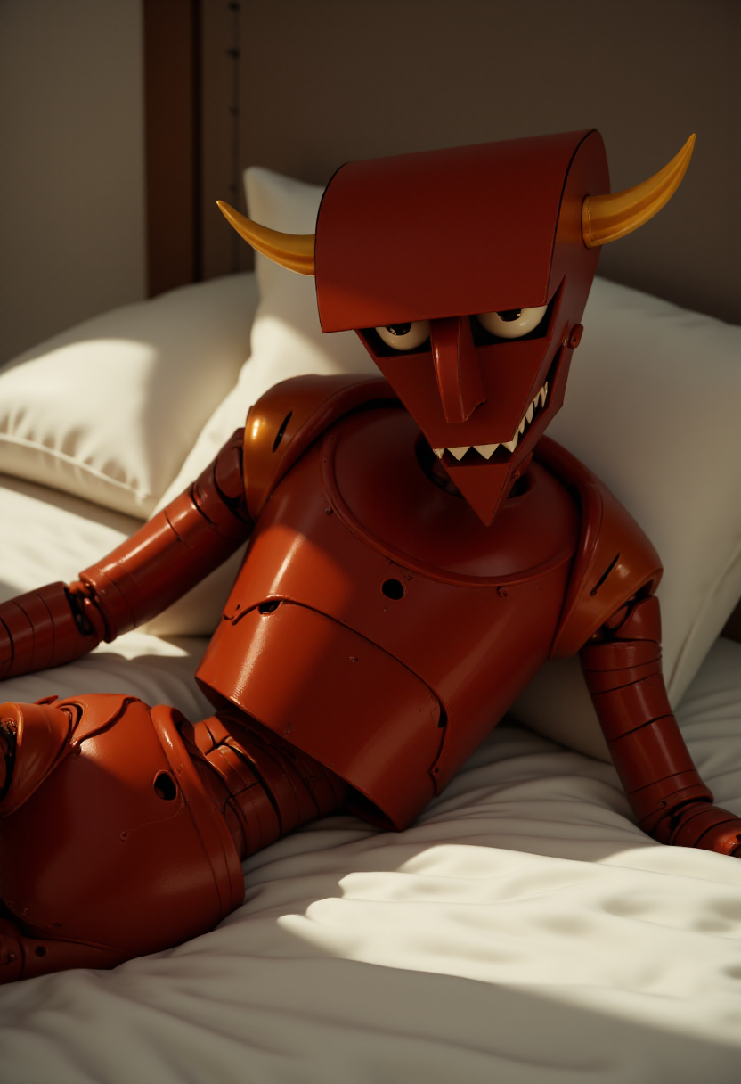 <lora:Beelzebot_Robot_Devil_-_Futurama_FLUX-000018:1>
This is a highly detailed, photorealistic CGI rendering of a red robot named beelzebot in a bedroom setting, seductively lying on a bed.  Its eyes are half-closed, giving it a laid-back, somewhat mischievous and seductive expression.