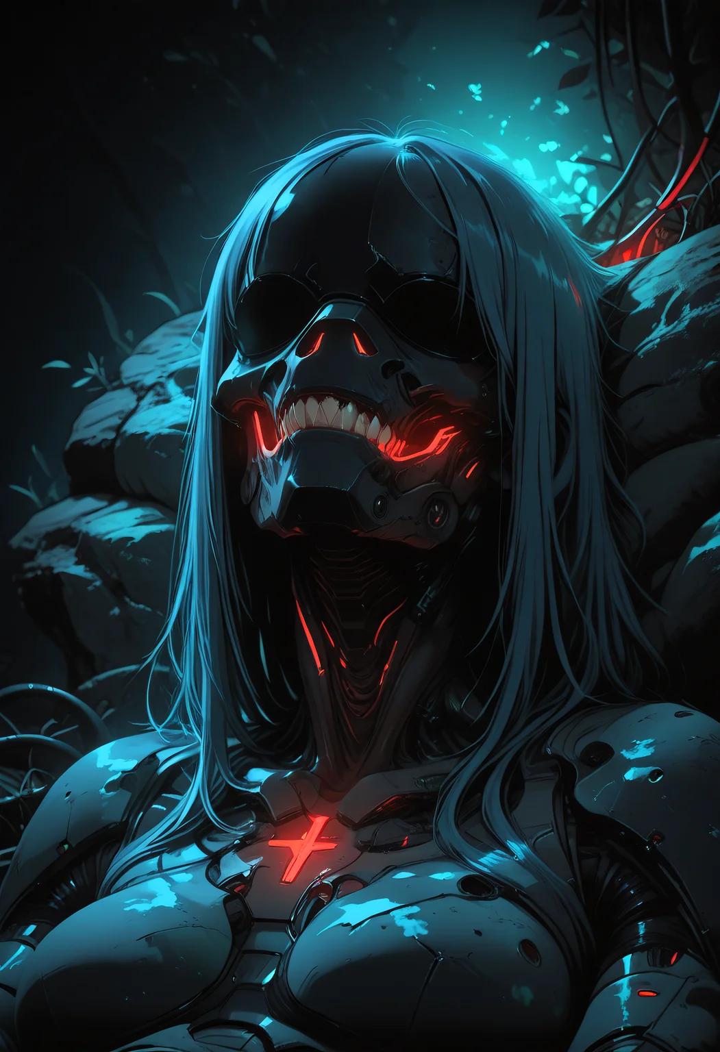 (HDR, 8K, contrasting background, drawn, masterpiece, best quality, amazing quality, very aesthetic, high resolution, ultra-detailed, absurdres,:1.2), (photorealistic, volumetric lighting, dappled light, dramatic shadows)
(solo:1.1), cyber, sharp fangs, half robot, mechanical body, cute, (sexy, cute, woman, long hair, straight hair, blue hair, emo, bangs over eyes, half machine, black mask, dark, moody, mechanical arms, mechanical arms, mechanical jaw, black mask, red jaw:1.3), (cute face, mechanical chest, big natural breasts, armor, visor:1.15), lying on back, ground, metal floor, cables, green background glow, green lighting, low lighting, glow, seductive, tufted fur, dramatic, background glow, (closeup, face focus:1.2),