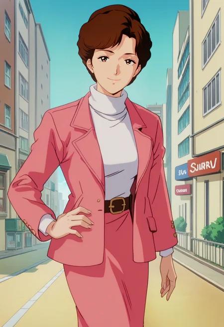 score_9, score_8_up, score_7_up, score_6_up, anime screencap, anime coloring, <lora:G0080_epoch_10:0.9>, G0080M, 1girl, solo, brown hair, short hair, brown eyes,
pink jacket, white turtleneck, pink skirt, pencil skirt,
looking at viewer, smile, closed mouth, hand on own hip, 
BREAK outdoors, cityscape, blue sky, sky, sunbeam, street,