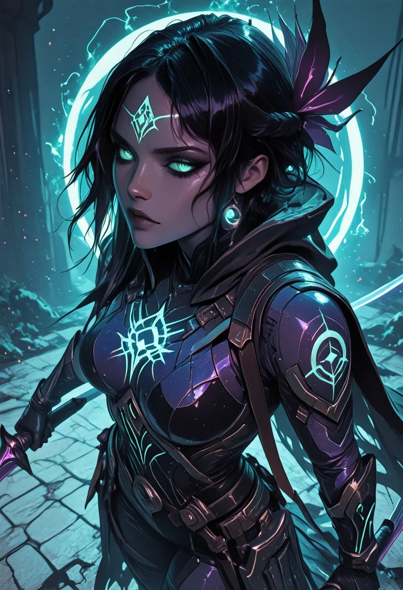 (masterpiece), (best quality), 8k, 1girl, celestial assassin, intense low lighting, glowing crescent blades, purple glow, dual-wielding, shadowed face, glowing eyes, dark eclipse sky behind her, glowing voidlight aura, Void crown, mystical sigils on ground, standing on fallen enemy, long flowing cloak fluttering, sci-fi fantasy armor with celestial patterns, moonlit silhouette, cinematic perspective, ethereal particles, radiant eclipse corona, sleek asymmetrical hairstyle, atmosphere of silent finality, black eyeshadow,
Action Shot, Slashing blades, Fierce expression, partical effects,
Unique, close up, cowboy shot, dutch angle, foreshortening,
From above, Looking at viewer, Close up, Face Focus,
