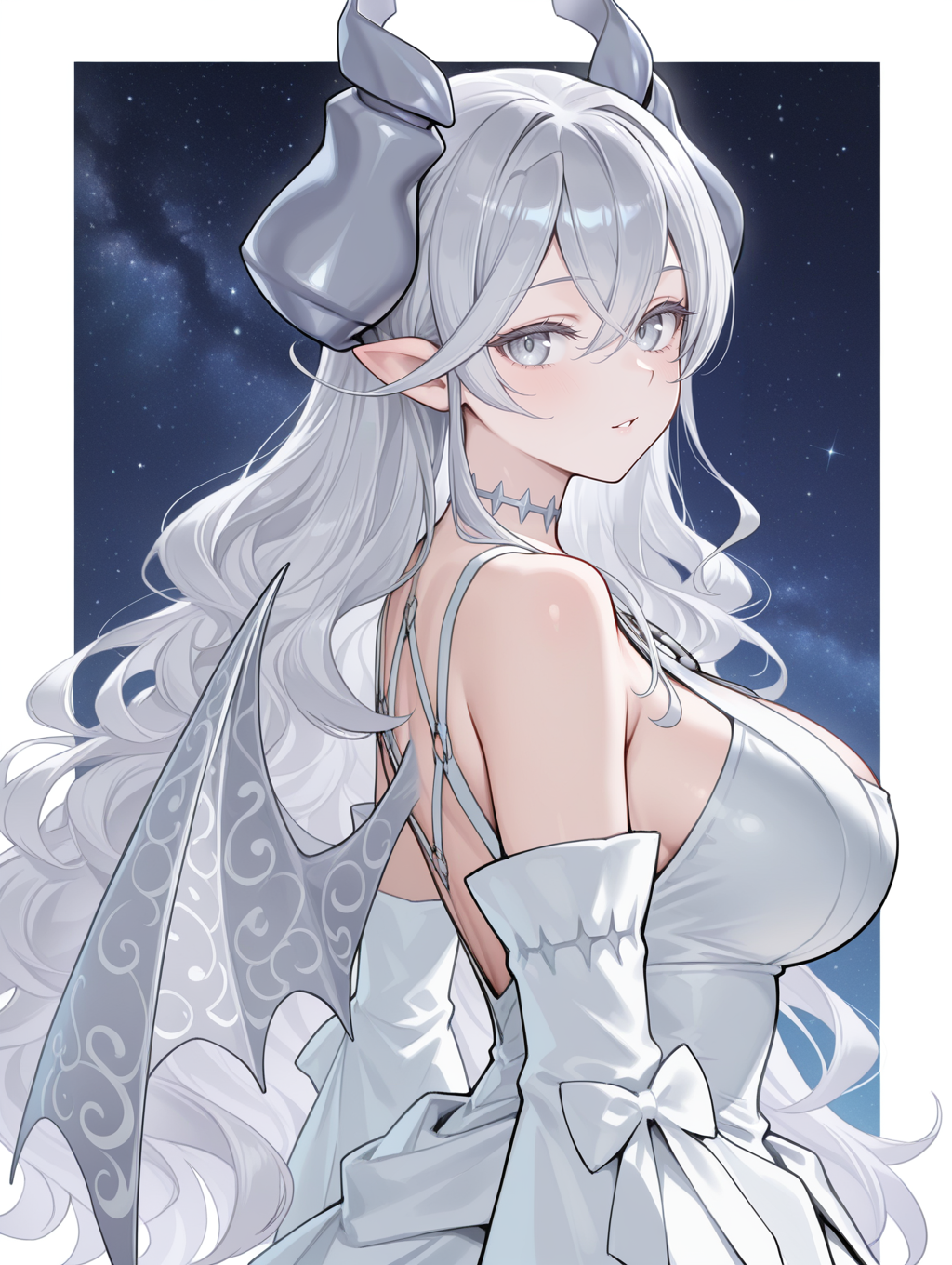 official alternate costume, white detached sleeves, lovely labrynth of the silver castle, 1girl, solo, large breasts, sketch, demon girl, blush, starry sky, looking back, parted lips, from side, transparent demon wings, upper body, looking to the side, wavy hair, very long hair, white o-ring dress, white border
masterpiece,best quality,amazing quality,very aesthetic,absurdres,newest,<lora:lady labrynth of the silver castle Alt illuXL v1:0.65>,