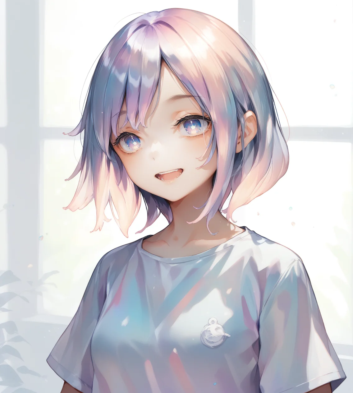 score_9,score_8_up,score_7_up,score_6_up,source anime BREAK,1girl,solo,portrait,medium hair,iridescent hair,blue eyes,indoors,bedroom,small breasts,iridescent,white shirt,gradient hair, :o, suprised, open mouth, (smile:0.6)
<lora:iridescent_blocks:0.9>