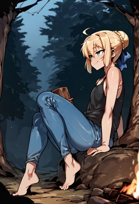 score_9, score_8_up, score_7_up, anime screencap, rating_safe, intricate details, , depth of field, doppel style, 1girl, saber \(fate\), blonde hair, green eyes, ahoge, hair between eyes, hair bun, hair bow, solo, from side, cabin, forest, campfire, dark, (dynamic pose), half-closed eyes, smile, <lora:blue_lock_style_pony:1.2>, blue_lock_style, , blue lock bodysuit, , black tank top, <lora:sdxl_lightning_8step_lora:1>