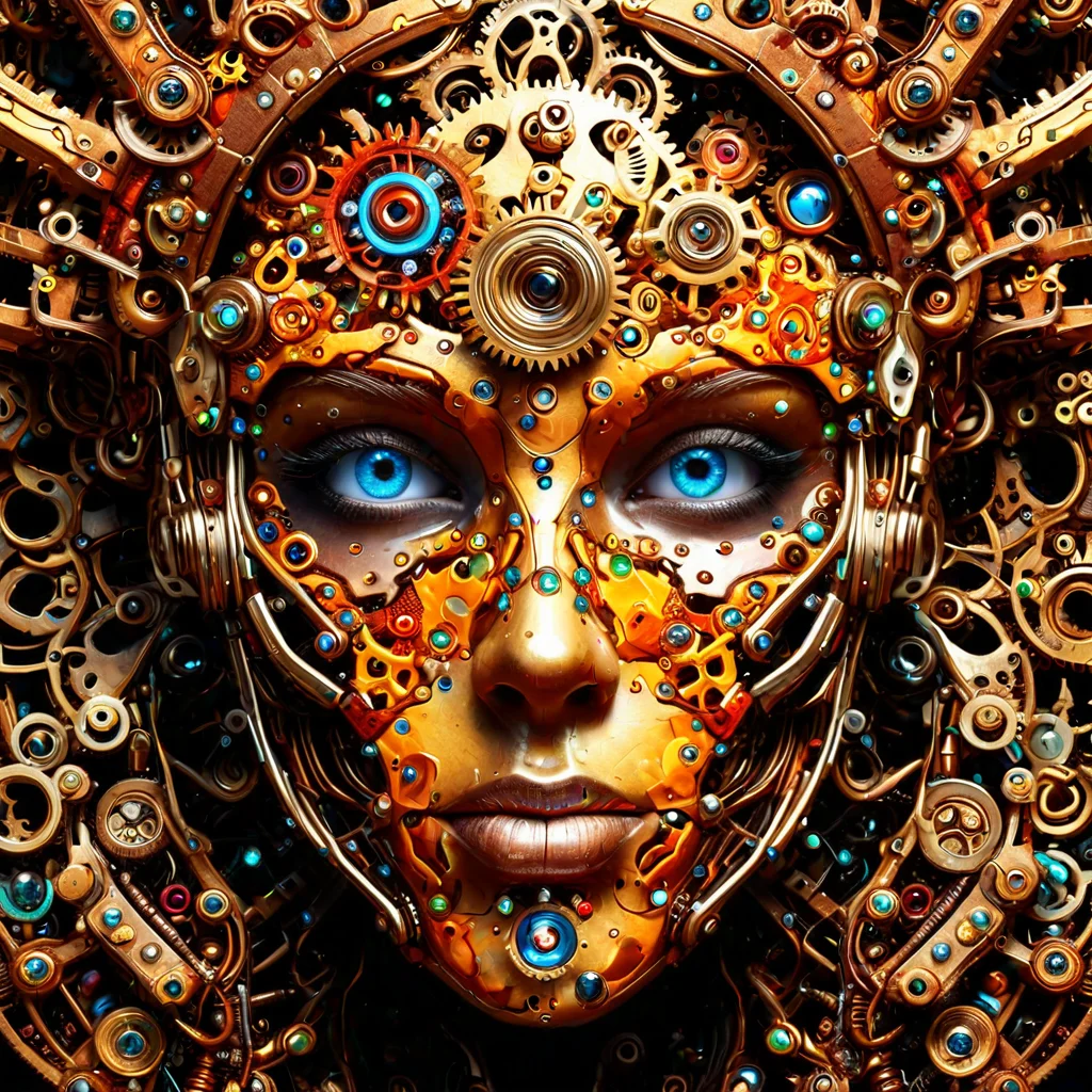 sfw, dynamic splashes, bright colors, high contrast, a cybernetic face made of roast gears bejeweled , hyperdetailed, photorealistic,<lora:challenge\gearstyle-000001.safetensors:0.8500000000000002:0.8500000000000002>