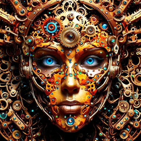 sfw, dynamic splashes, bright colors, high contrast, a cybernetic face made of roast gears bejeweled , hyperdetailed, photorealistic,<lora:challenge\gearstyle-000001.safetensors:0.8500000000000002:0.8500000000000002>
