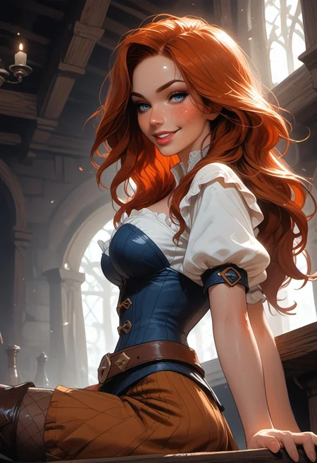Safe_pos, (score_9, score_8_up, score_8), ultra detailed, high resolution, high quality, masterpiece, intricate details, intricate body, intricate landscape, knva, Expressiveh, hkmagic, missfortune, European Instagram Model, Sorceress, Wizard, Casting Thunder Magic Spells, Magic Circle, Thigh Strap, Tavern, midnight, 1girl, source_cartoon, Petite, ((Dark-Auburn Hair, Blue Eyes, Full Lips, Delicate and Smooth Skin, Blush Perfect Body, Highly Detailed, Glossy Lips)), Beautiful, Attractive, (Long Hair, Shiny Hair), (perfect round breasts, large breasts), (Wizard), ((Femme Fatale)), Tight-Fitting Blue-and-White Dress, Corset, Sexy, Belt, Brown Thigh-High Boots, Fantasy, Medieval, ((Extremely Detailed Face and Eyes)), Looking at Viewer, (Flirty Smile), Soft Lighting, Warm Lighting, Unique Angle, Unique Perspective, Dramatic Angle, ((Full Body)), From Above, Side Shot, ((Sitting on Tabletop, Arched Back, Leaning Back)), Tomes in Background, Magic Book, Ritual
<lora:add-detail-xl:1.5>,
<lora:Expressive_H:0.7>,
<lora:Kenva:1>,
<lora:incase_2024_new_style_upscaled_with_big_images:0.8>,
<lora:missfortune:0.65>,
<lora:Fantasy_Wizard__Witches_Pony:0.4>,