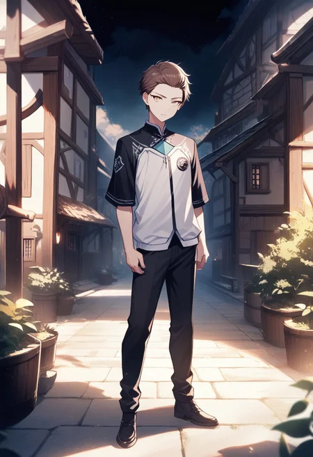(best quality, masterpiece), 1 boy,18 years old, medieval village, dark mood, Arrogant,
brown hair, short hair, no bangs, white color student uniform, full body,
, looking at viewer, Unobtrusive golden eyes, Dull golden eyes,