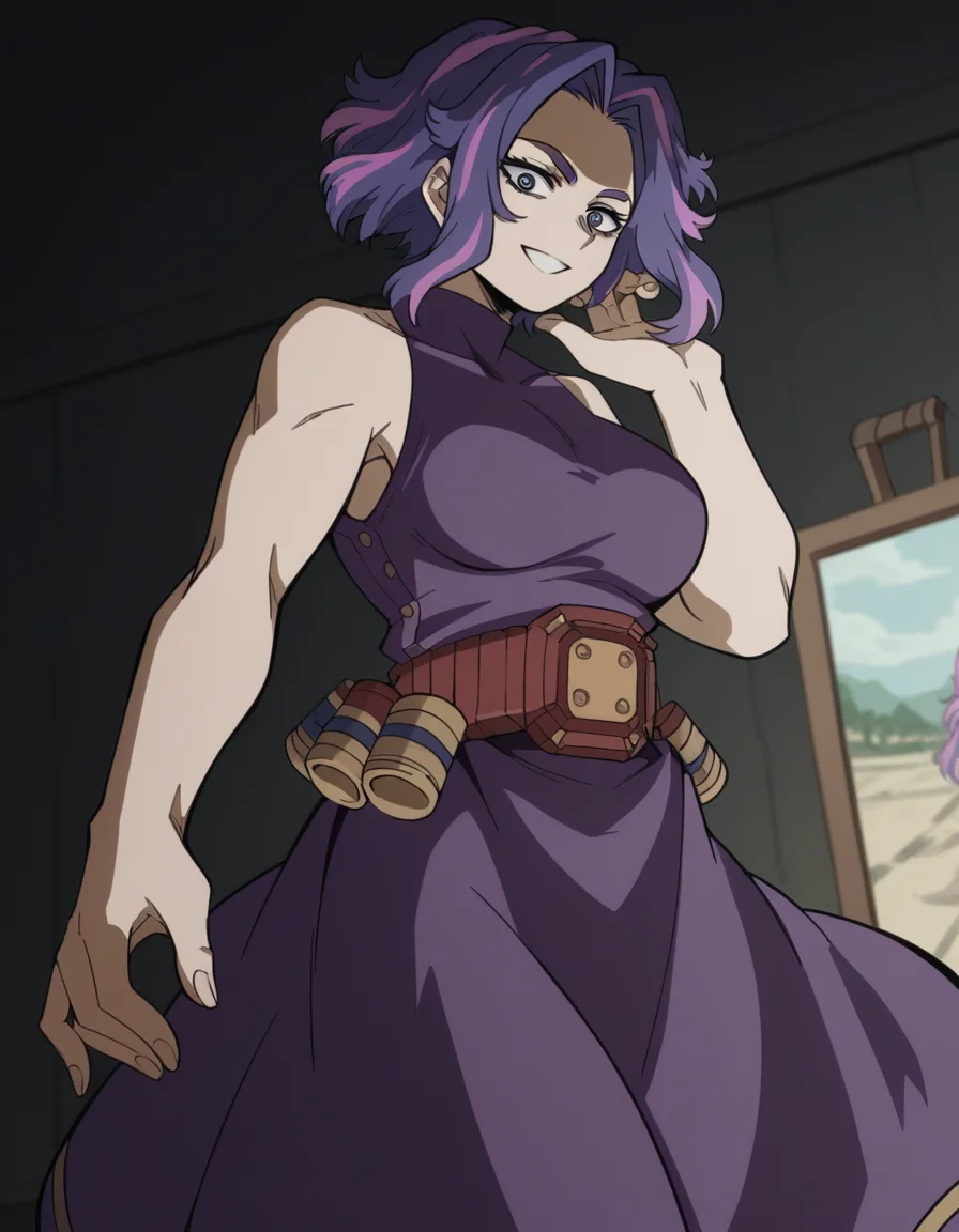 score_9, score_8_up, score_7_up, source_anime, <lora:kaina-tsutsumi-s5-ponyxl-lora-nochekaiser:1>, kaina tsutsumi, purple hair, pink hair, streaked hair, purple eyes, short hair, parted bangs, large breasts,, dress, purple dress, sleeveless, bare shoulders, skirt, purple skirt, belt,, museum, art exhibit, paintings, observing, quiet contemplation, cultural experience, smile, from below, looking at viewer, solo,, dutch angle, cowboy shot