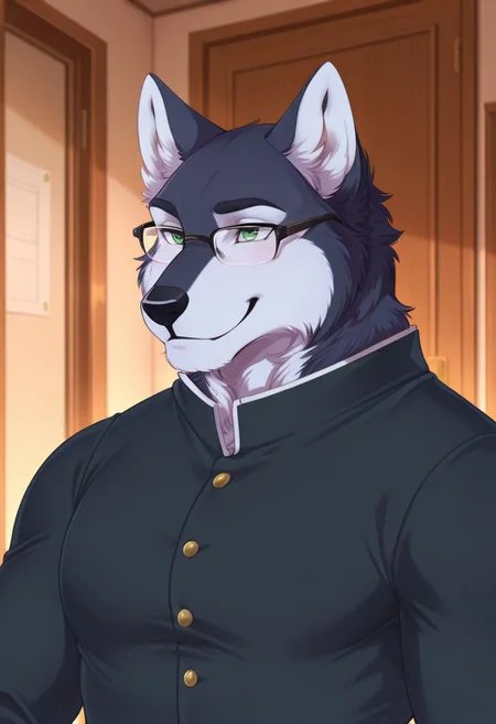 ShoichiTA, solo, furry, husky, perfect eyes, perfect face, smile, blue fur, tail, green eyes, muscular, bara, athletic build, pectorals, dynamic angle, upper body, face focus, portrait, gakuran, glasses, school uniform, school entrance, unparalleled masterpiece, best quality, amazing quality, very aesthetic, high resolution, 4K, extremely-detailed, depth of field, high sharpness, newest, scenery, detailed fur, detailed muscles, cinematic lighting, semi-realistic, <lora:ShoV1:1>