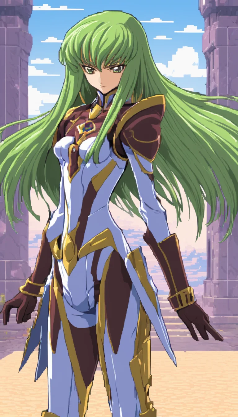 pixel-art Cinematic scene, hero view, 1girl, C.C., Code Geass, action pose, detailed background, masterpiece, best quality, high quality, highres, absurdres <lora:cc:1> . low-res, blocky, pixel art style, 8-bit graphics