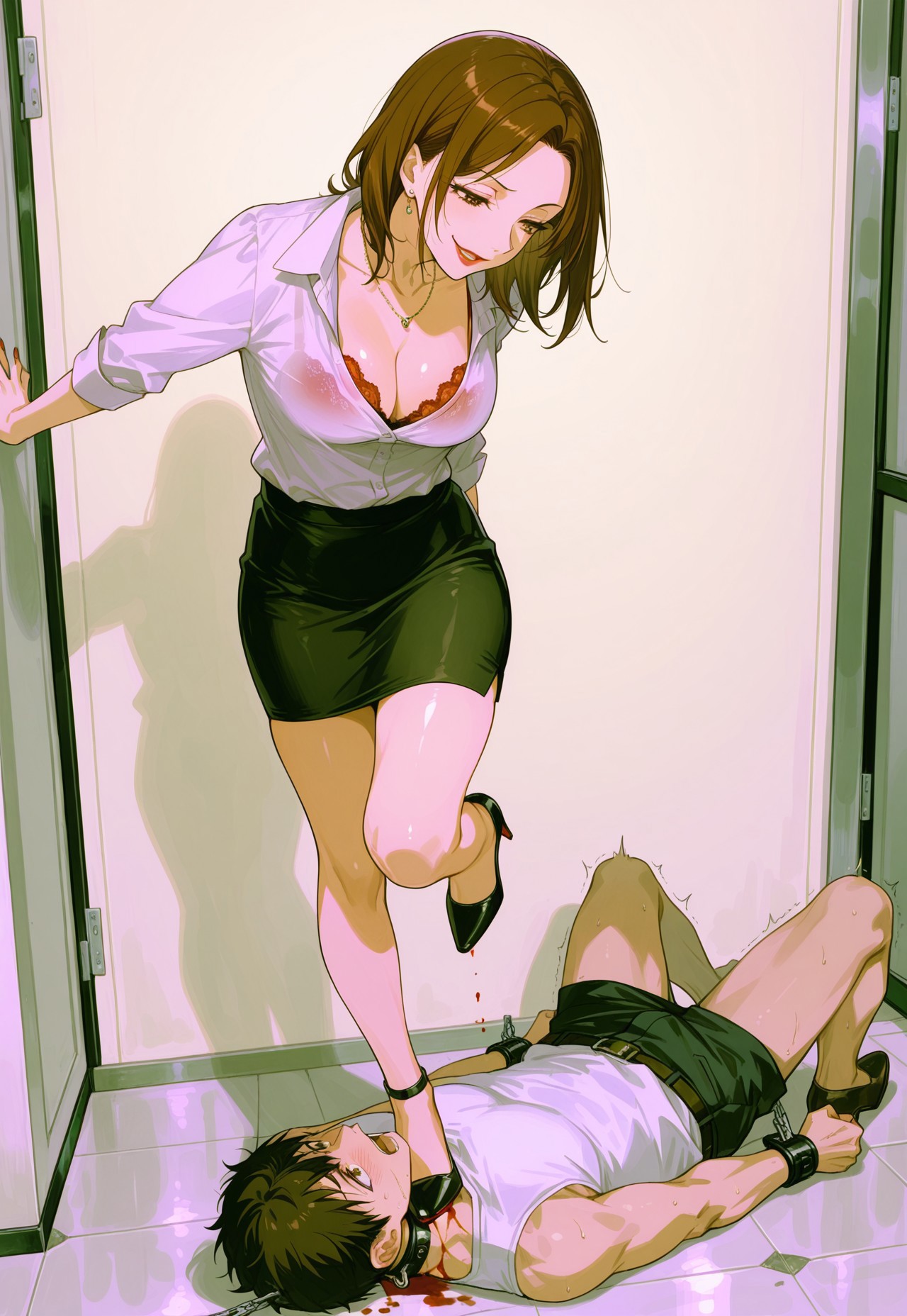 safe_pos, ThTrFe, absurdres, masterpiece, best quality, very aesthetic, HDR, 8K, ultra-detailed, anime, 748cmstyle, hetero, femdom, tramples neck, stepped on, trampling, stands on neck, forced, full body, plain background, back view, standing on one leg, bdsm, she pierced his neck with heel, blood, 

1girl, p4kashiwagi, brown hair, brown eyes, lipstick, red lips, p4kashiwagi-teach, red nails, necklace, cleavage, blouse, visible bra, red lace bra, skirt, pencil skirt, high heels, skindentation, shiny skin, dominant female, mature female, looking down, ((skinny)), smug, 

1boy, slave boy, boy writhing in pain, boy screams in pain, male bdsm,